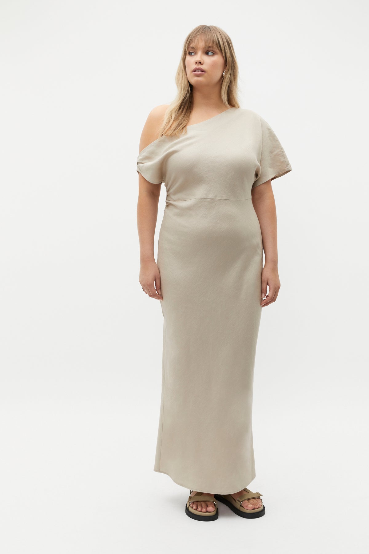 Linen Draped Shoulder Midi Dress
