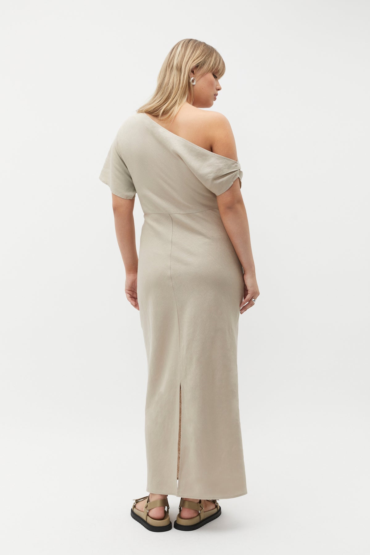 Linen Draped Shoulder Midi Dress