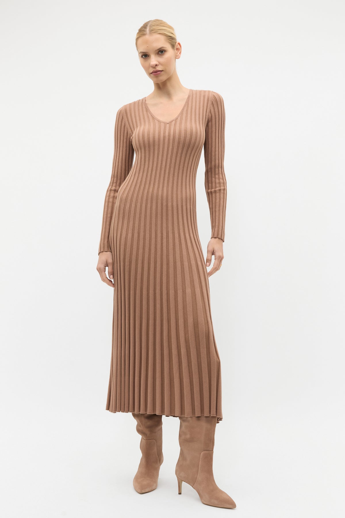 Pleated V Neck Knit Dress