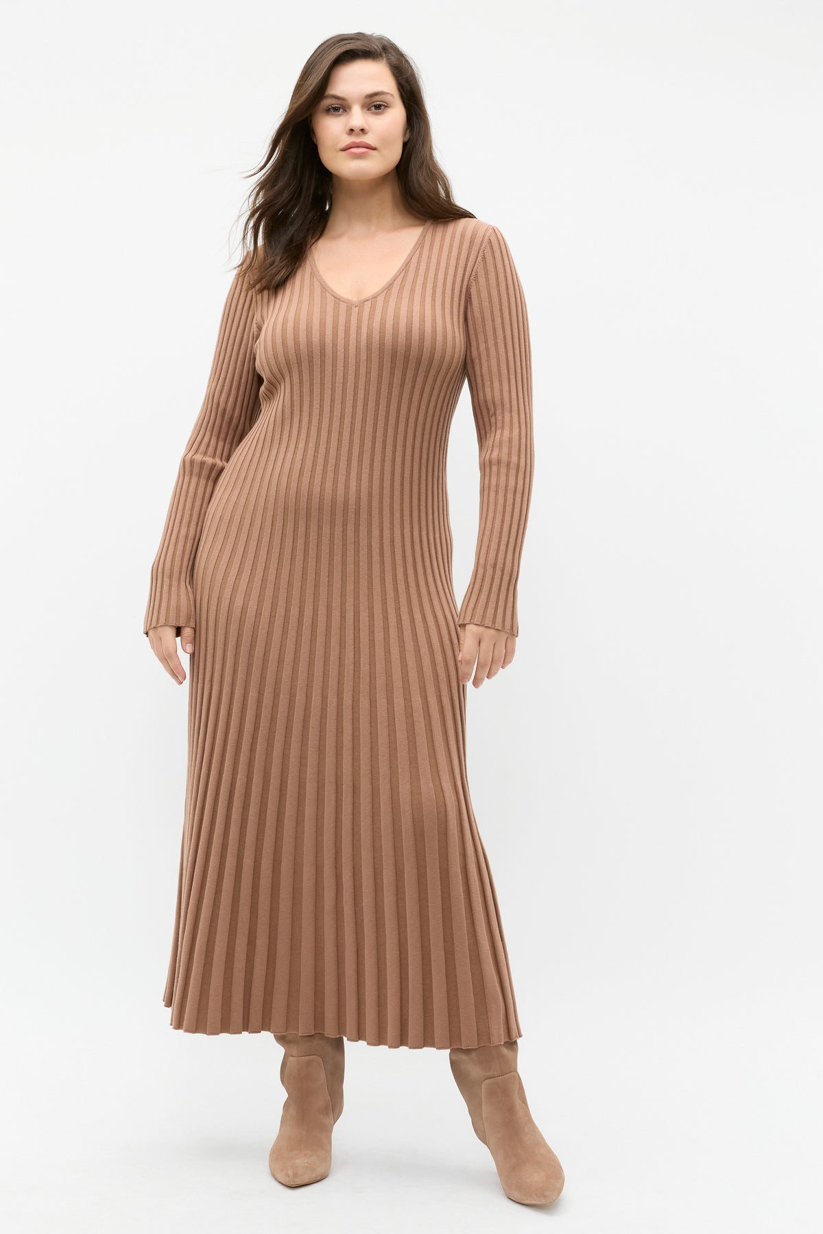 Pleated V Neck Knit Dress