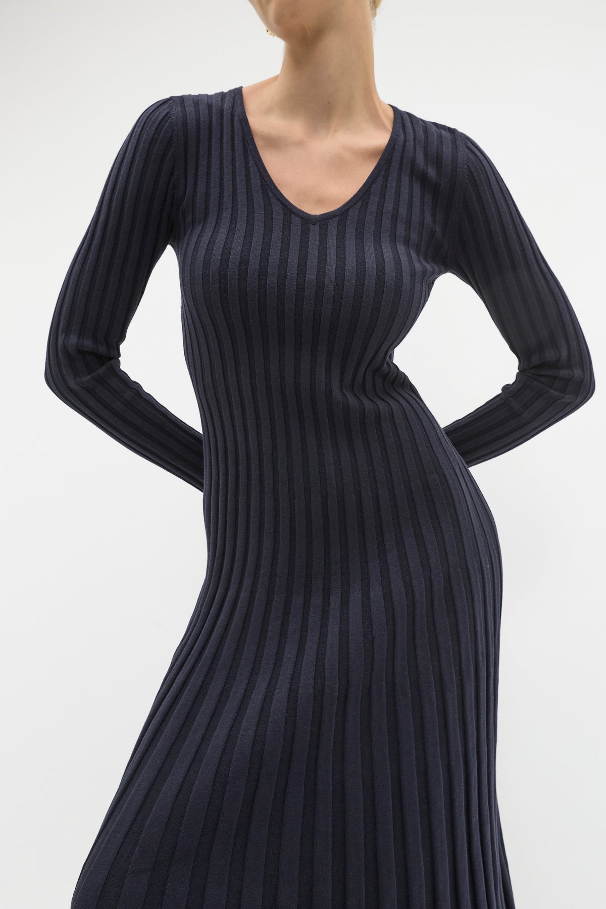 Pleated V Neck Knit Dress