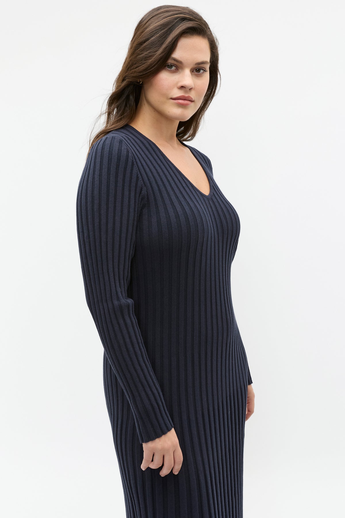 Pleated V Neck Knit Dress
