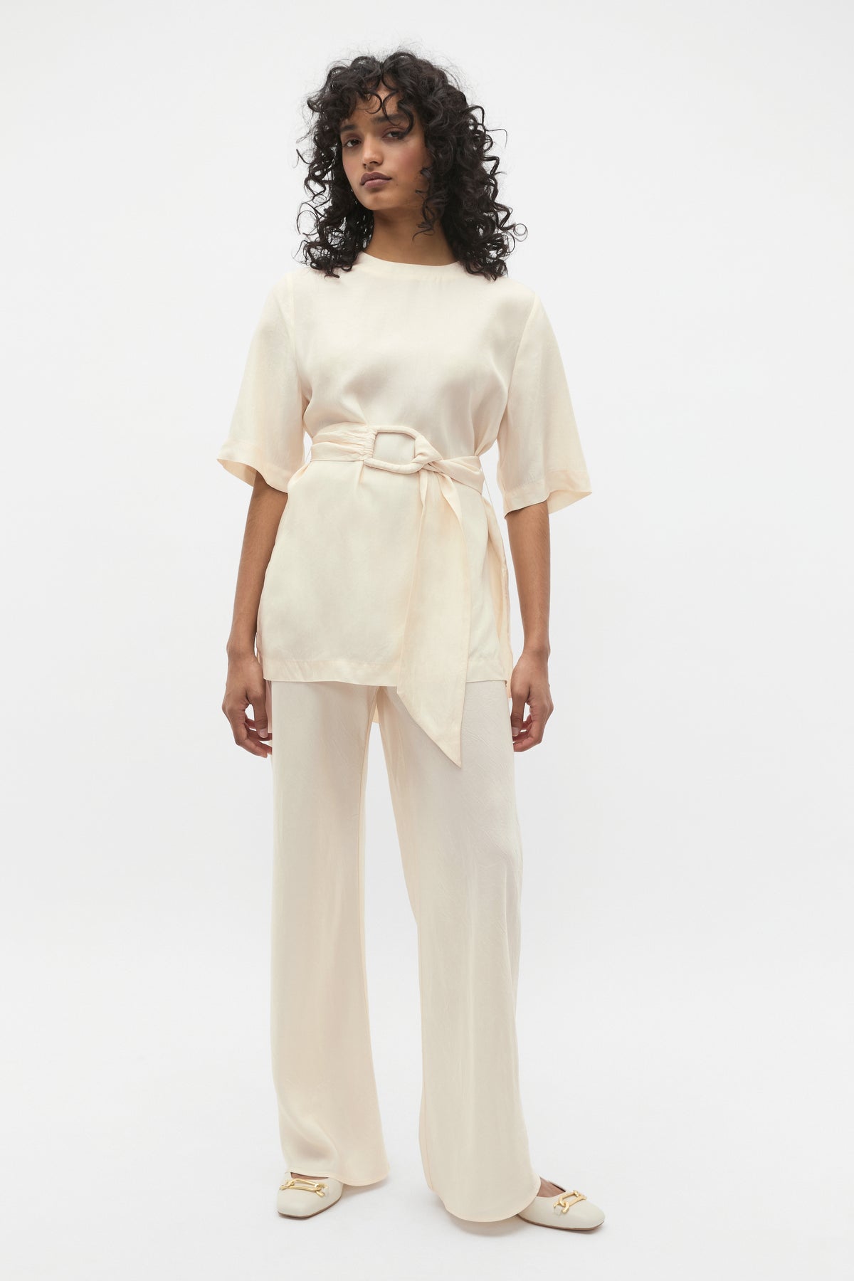 Crinkled Satin Belted Tunic