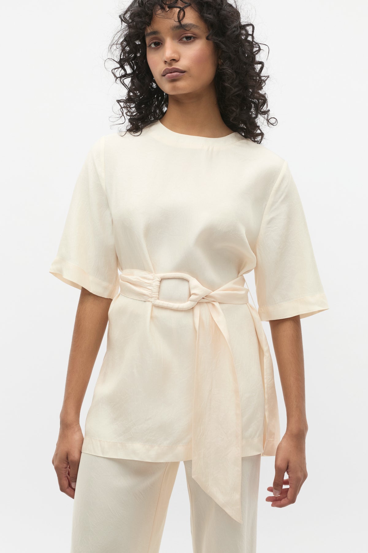 Crinkled Satin Belted Tunic