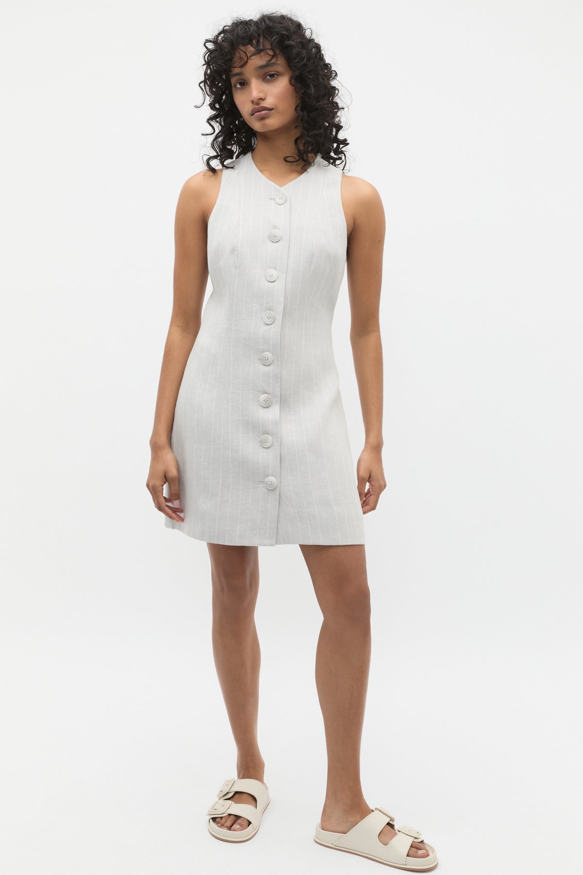 Linen Pinstripe Button Dress