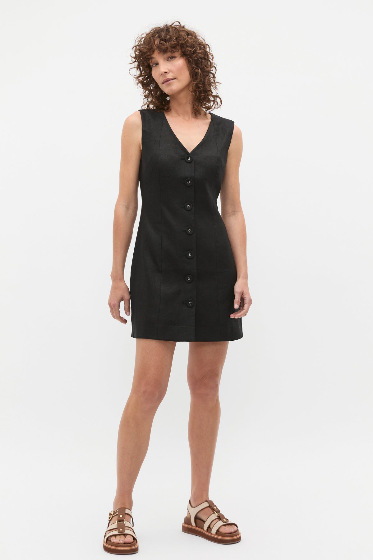 Linen V Neck Button Mini Dress