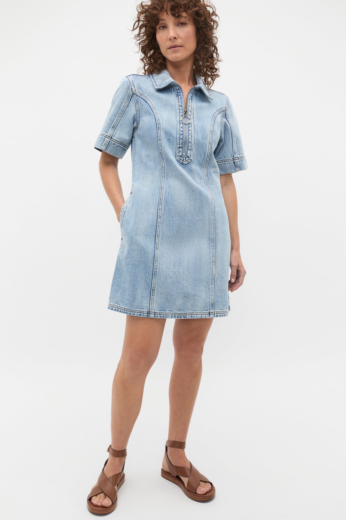 Denim Zip Mini Shirt Dress