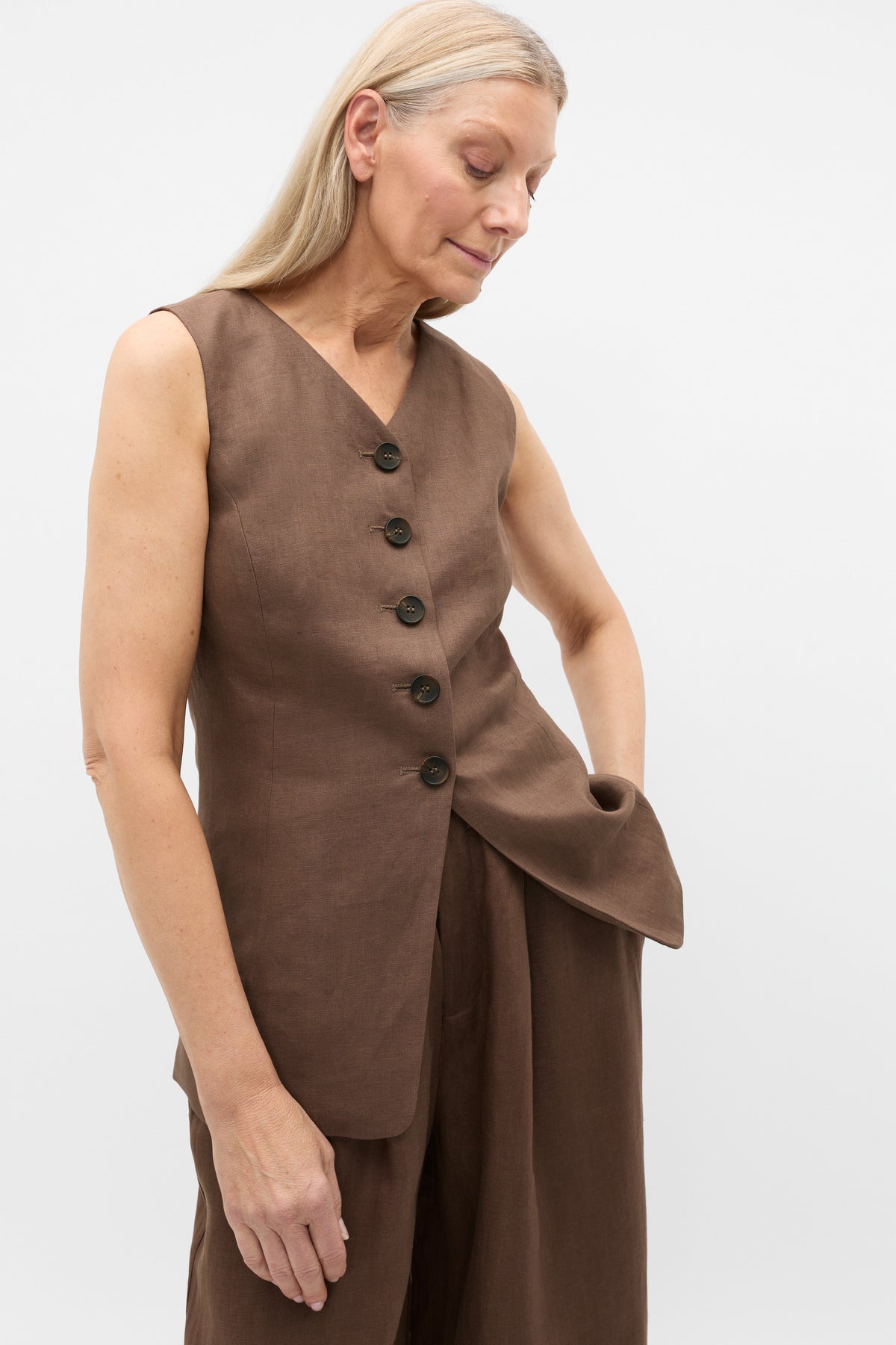 Linen Longline Button Vest