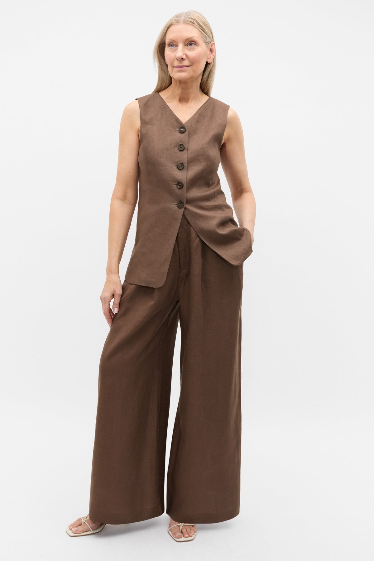 Linen Longline Button Vest