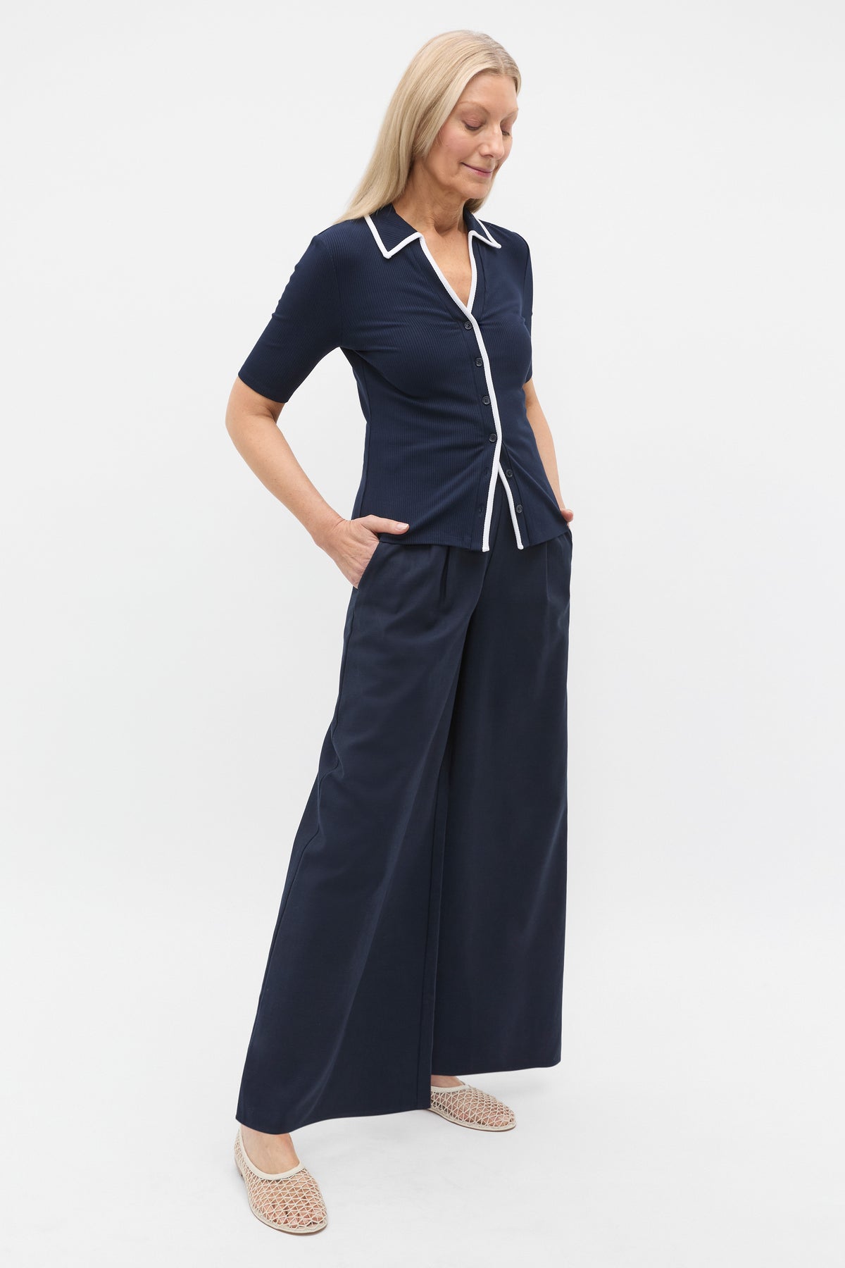 Rib Contrast Button Down Top