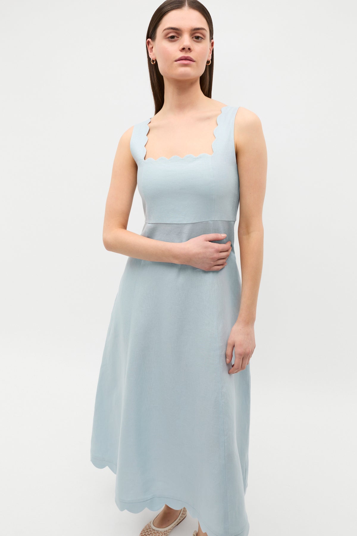 Linen Scallop Midi Dress