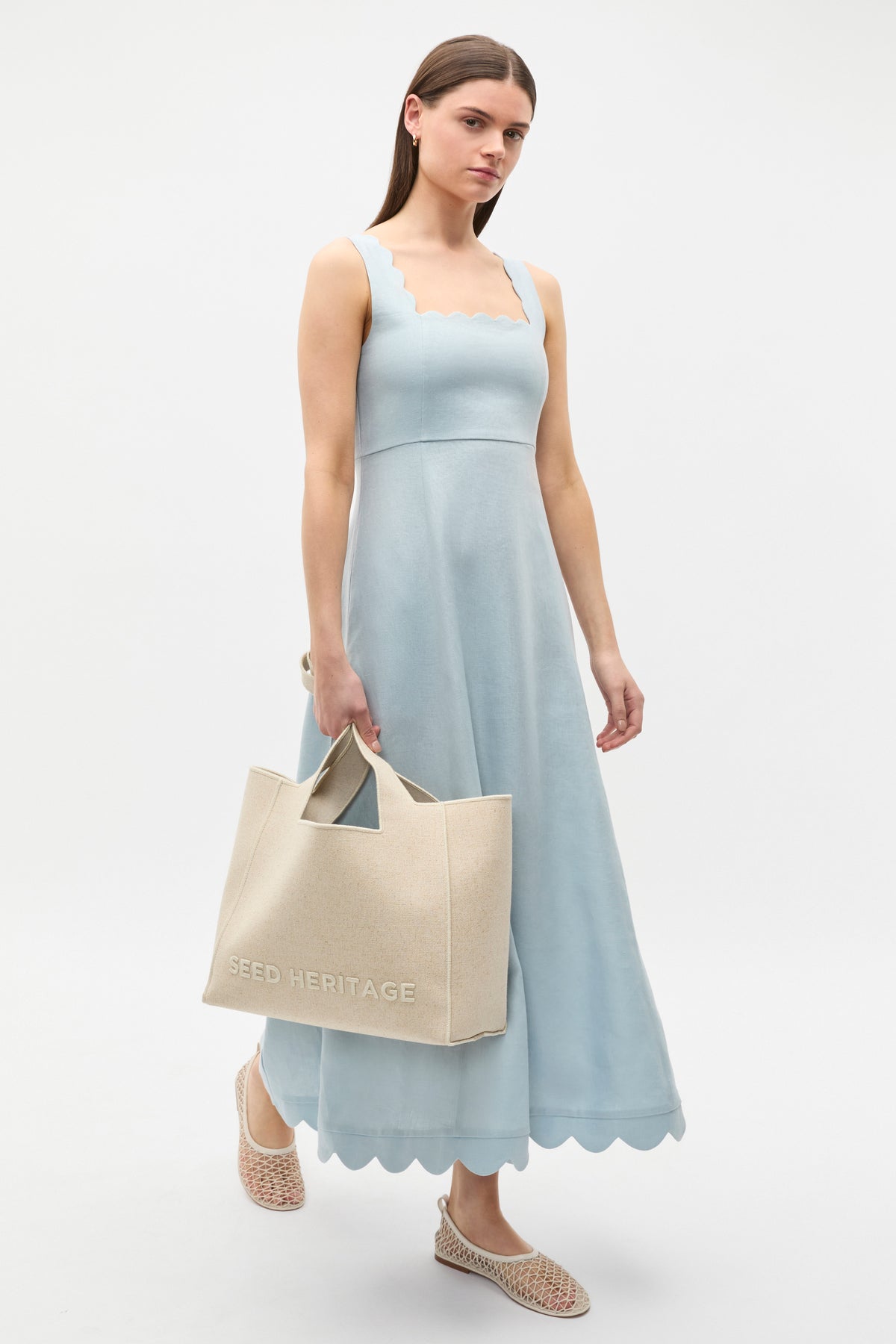 Linen Scallop Midi Dress
