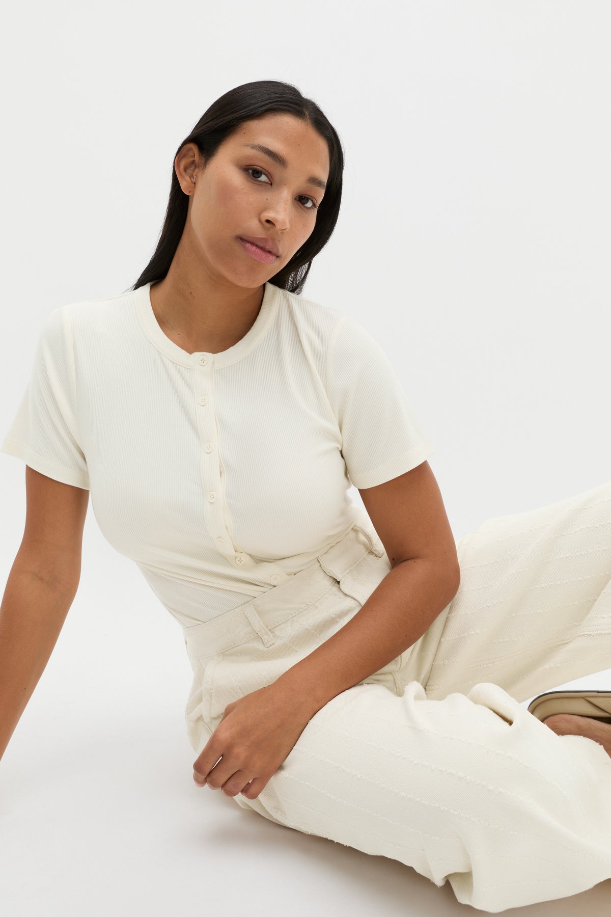 Rib Button Through Top