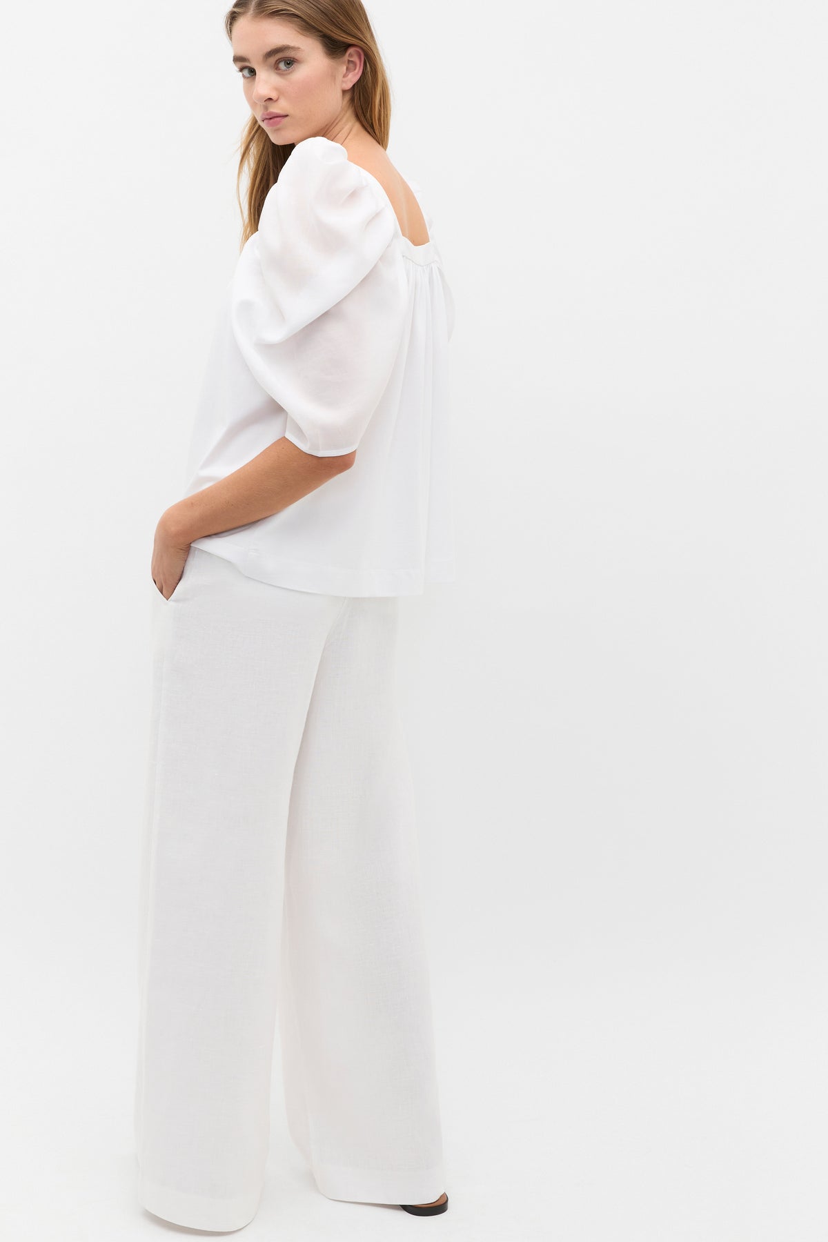 Square Neck Gathered Sleeve Top