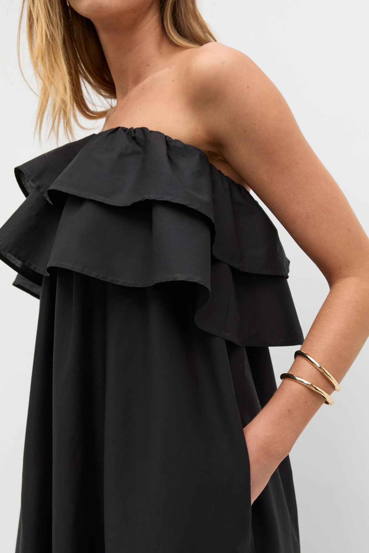 Voile Strapless Ruffle Maxi Dress