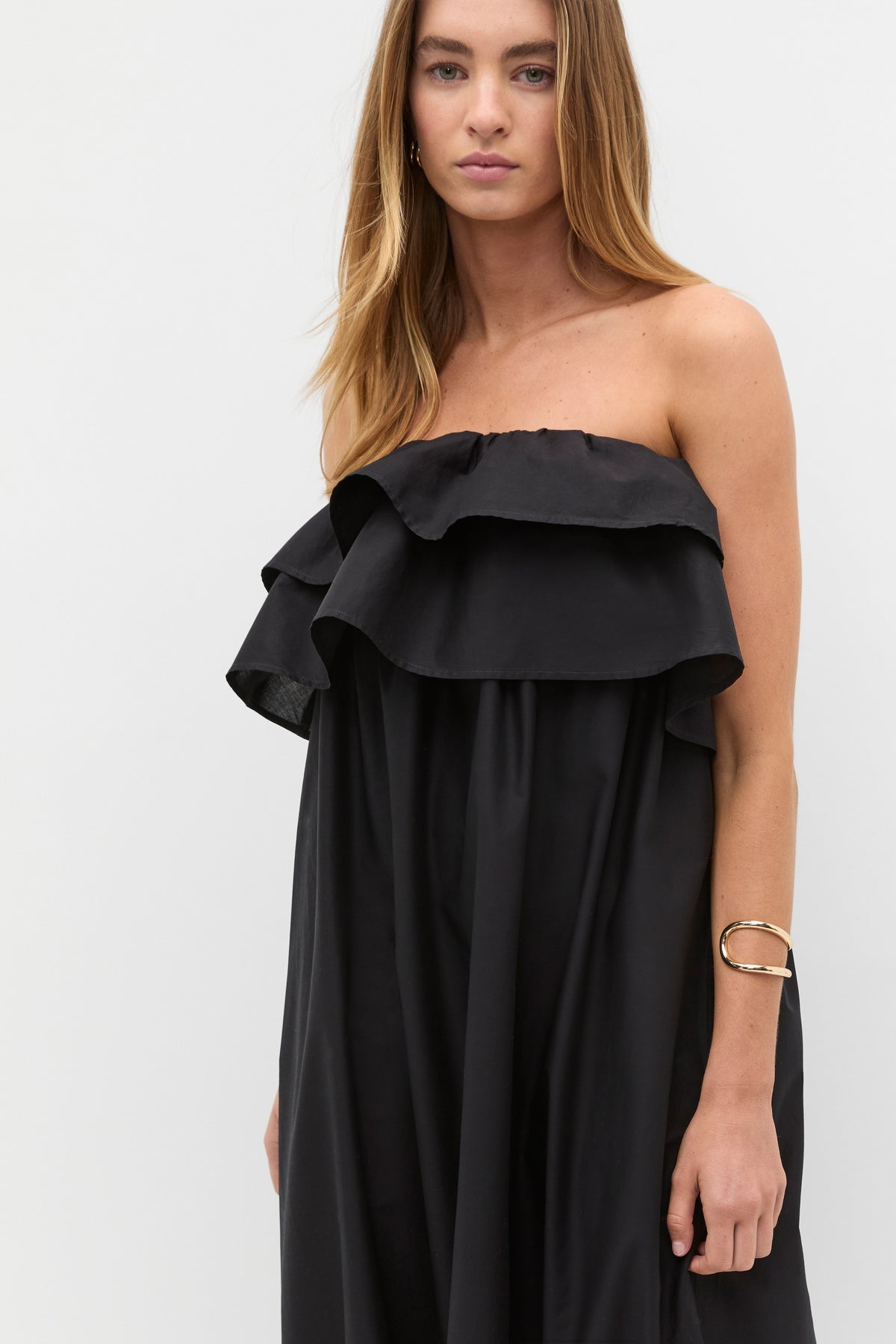 Voile Strapless Ruffle Maxi Dress