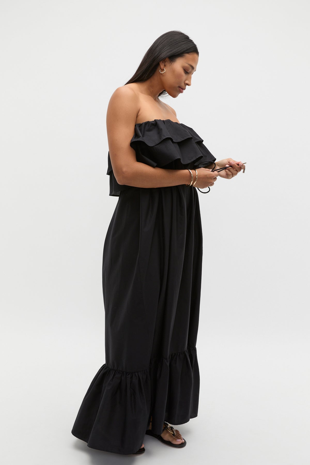 Voile Strapless Ruffle Maxi Dress