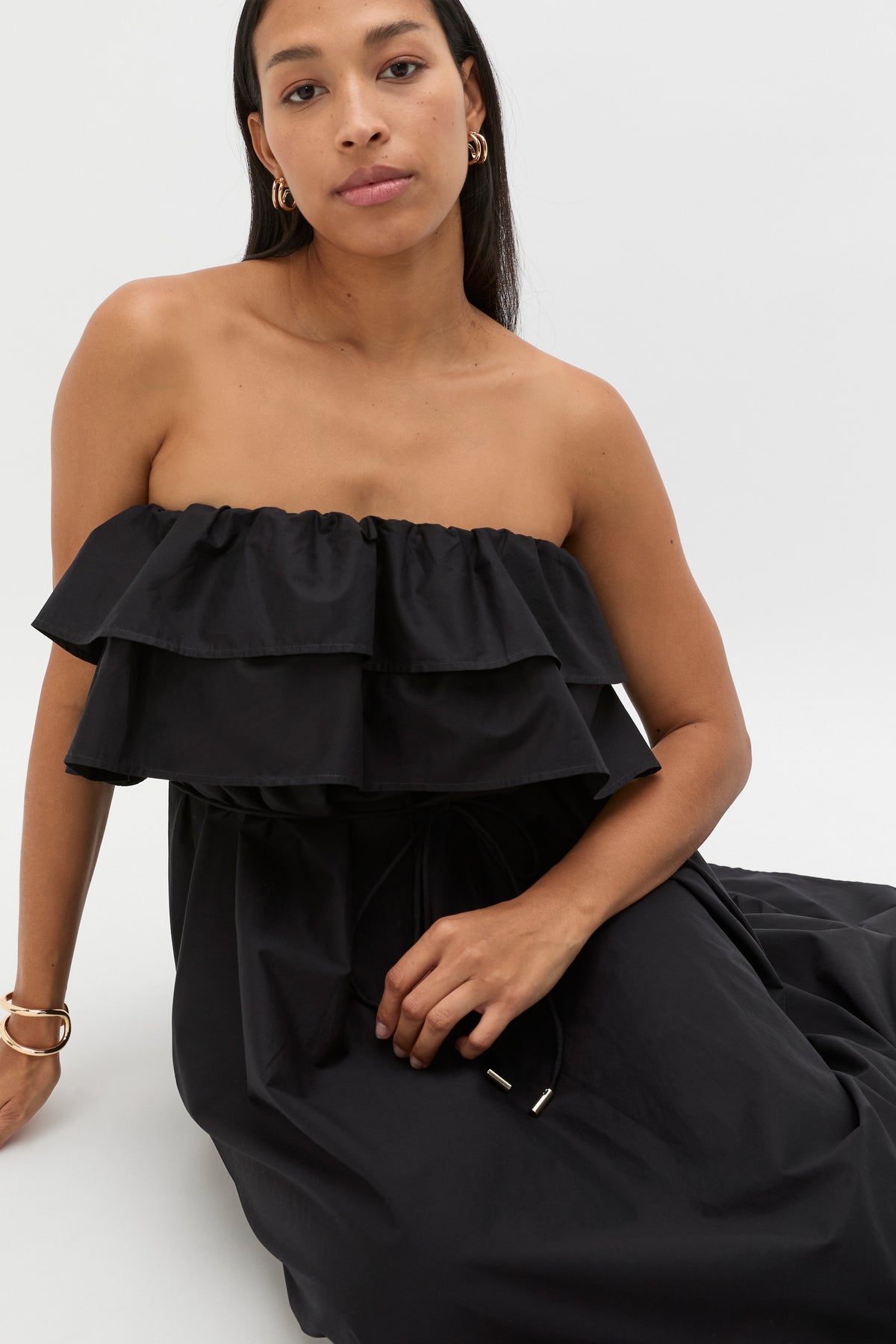 Voile Strapless Ruffle Maxi Dress