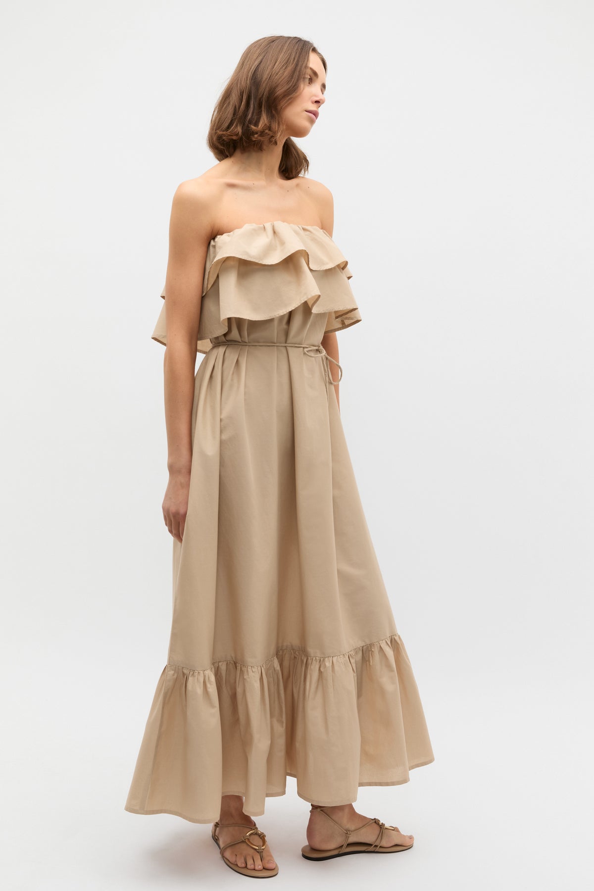Voile Strapless Ruffle Maxi Dress