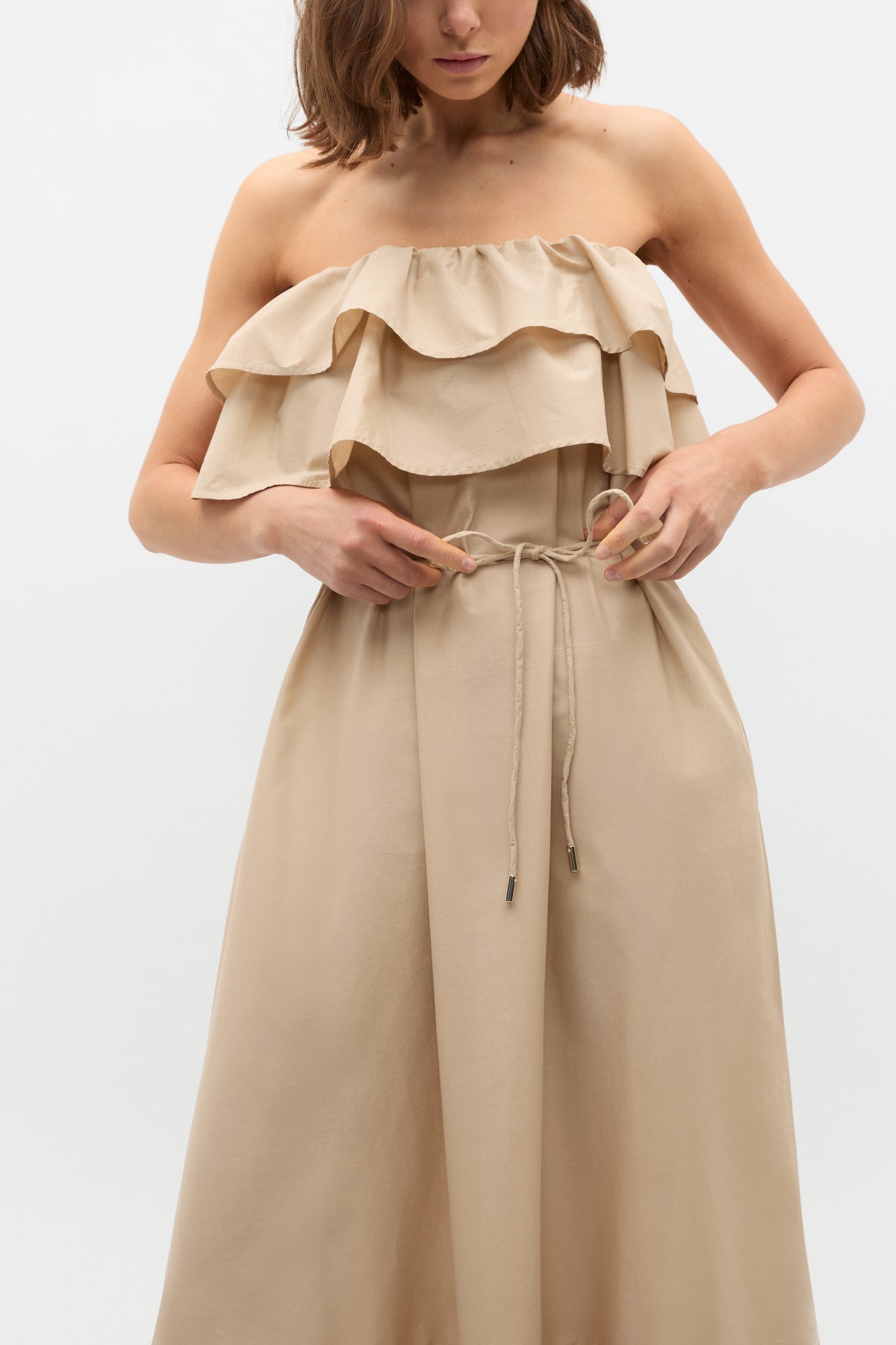 Voile Strapless Ruffle Maxi Dress