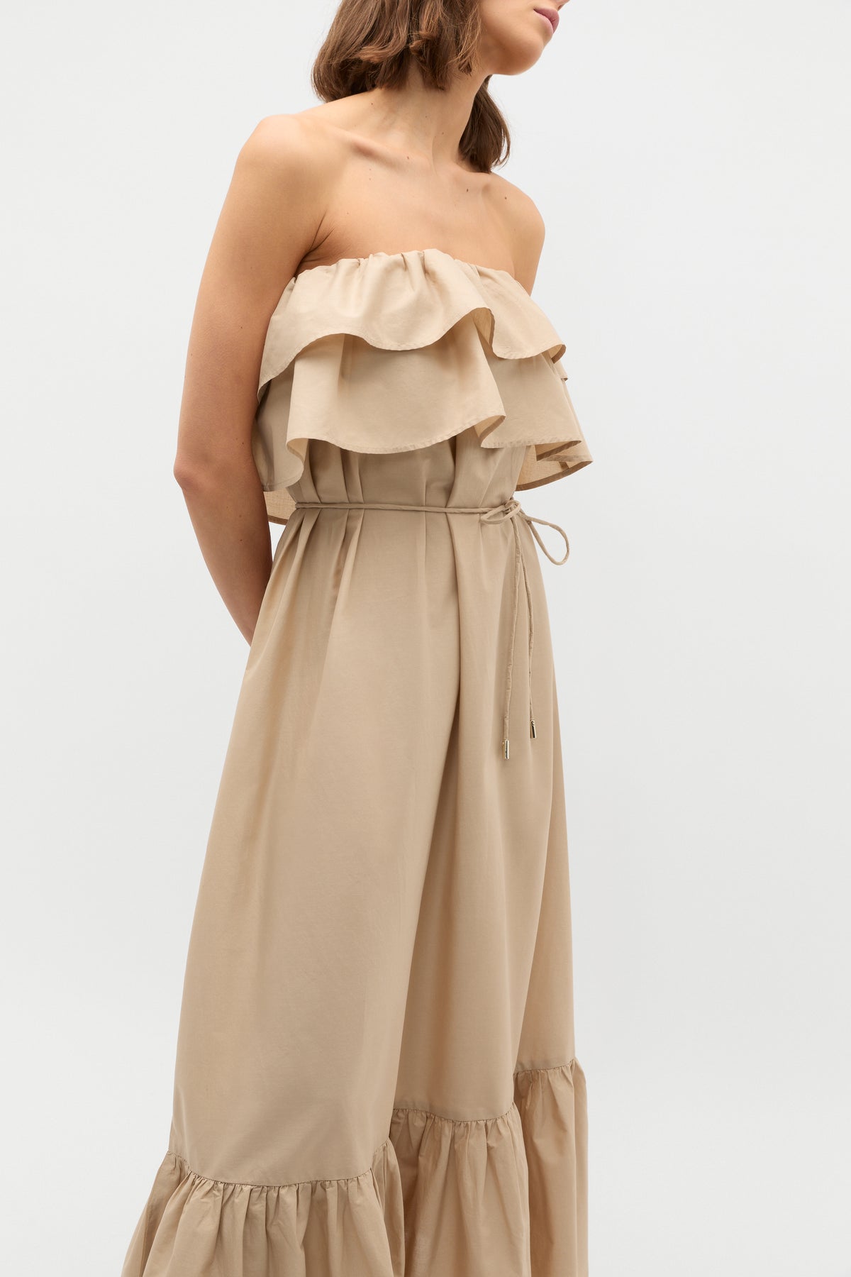 Voile Strapless Ruffle Maxi Dress