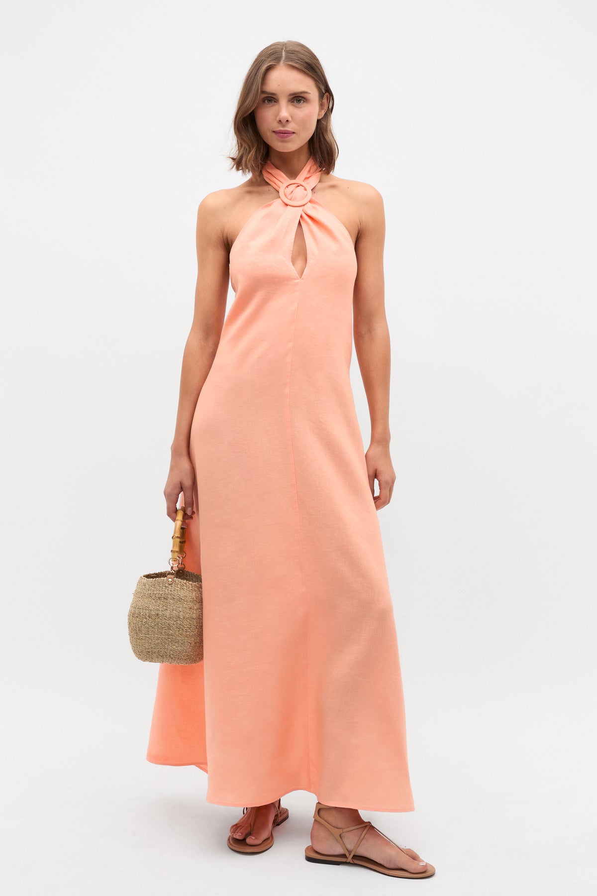 Linen Halter Ring Maxi Dress