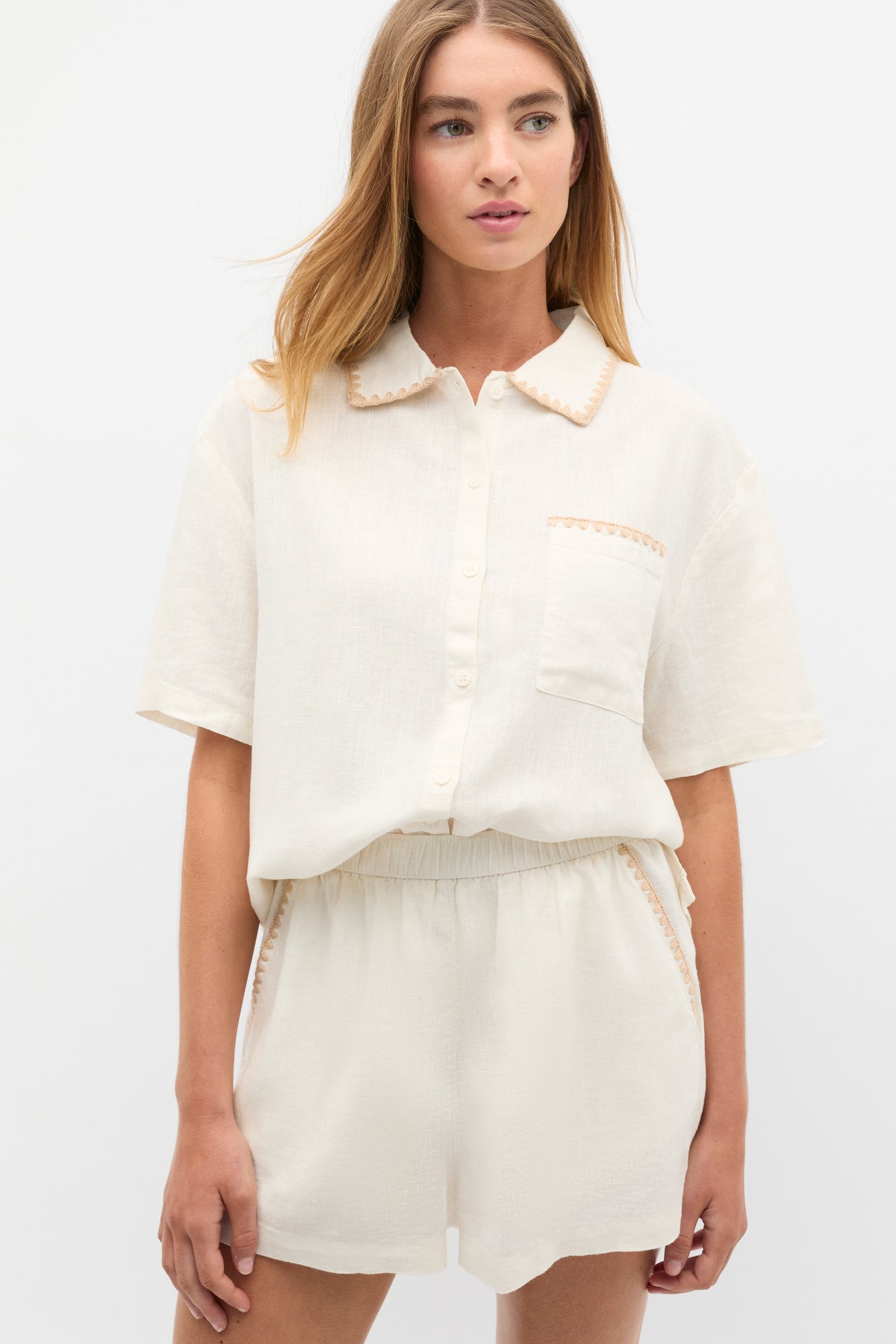 Embroidered Shirt and Short PJ Set