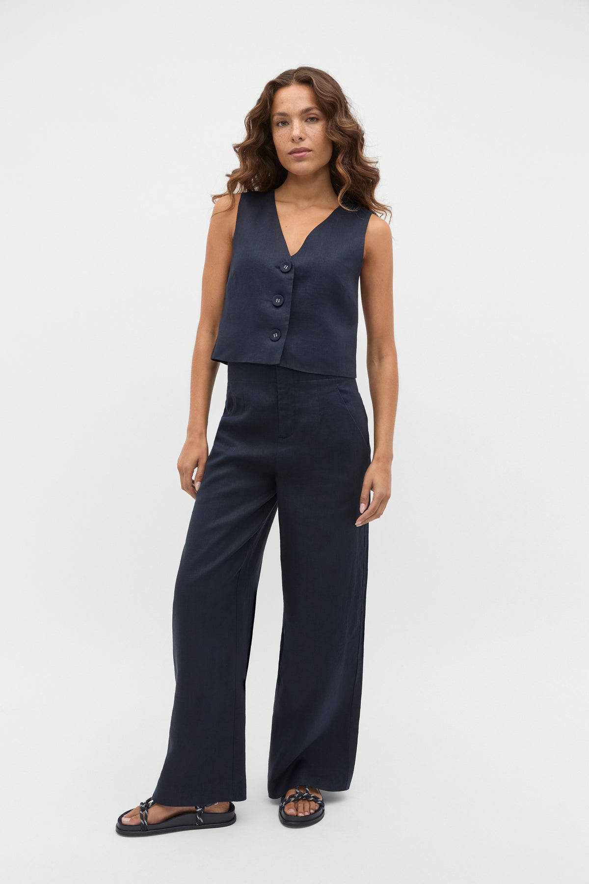 Linen V Neck Button Shell
