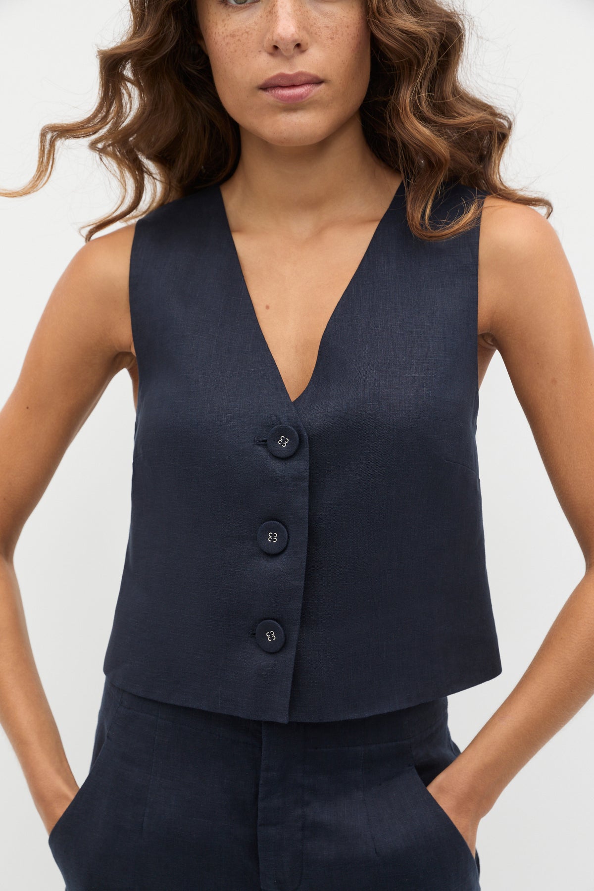Linen V Neck Button Shell