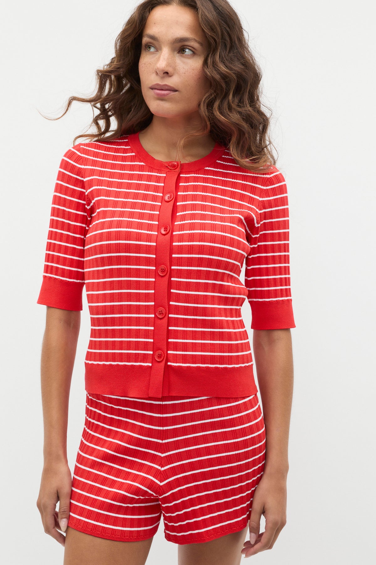 Stripe Rib Knit Short Sleeve Cardigan
