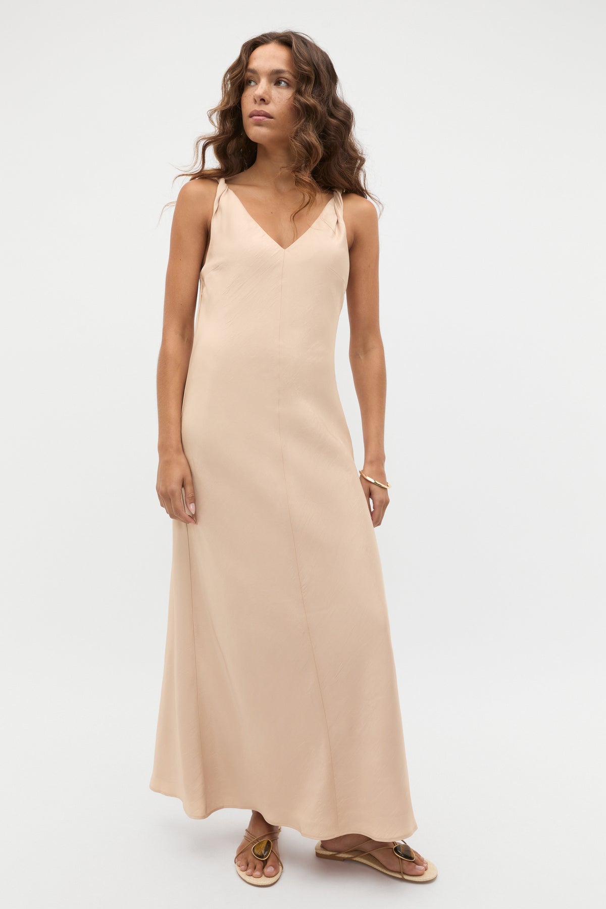 Crinkled Satin Twist Shoulder Dress