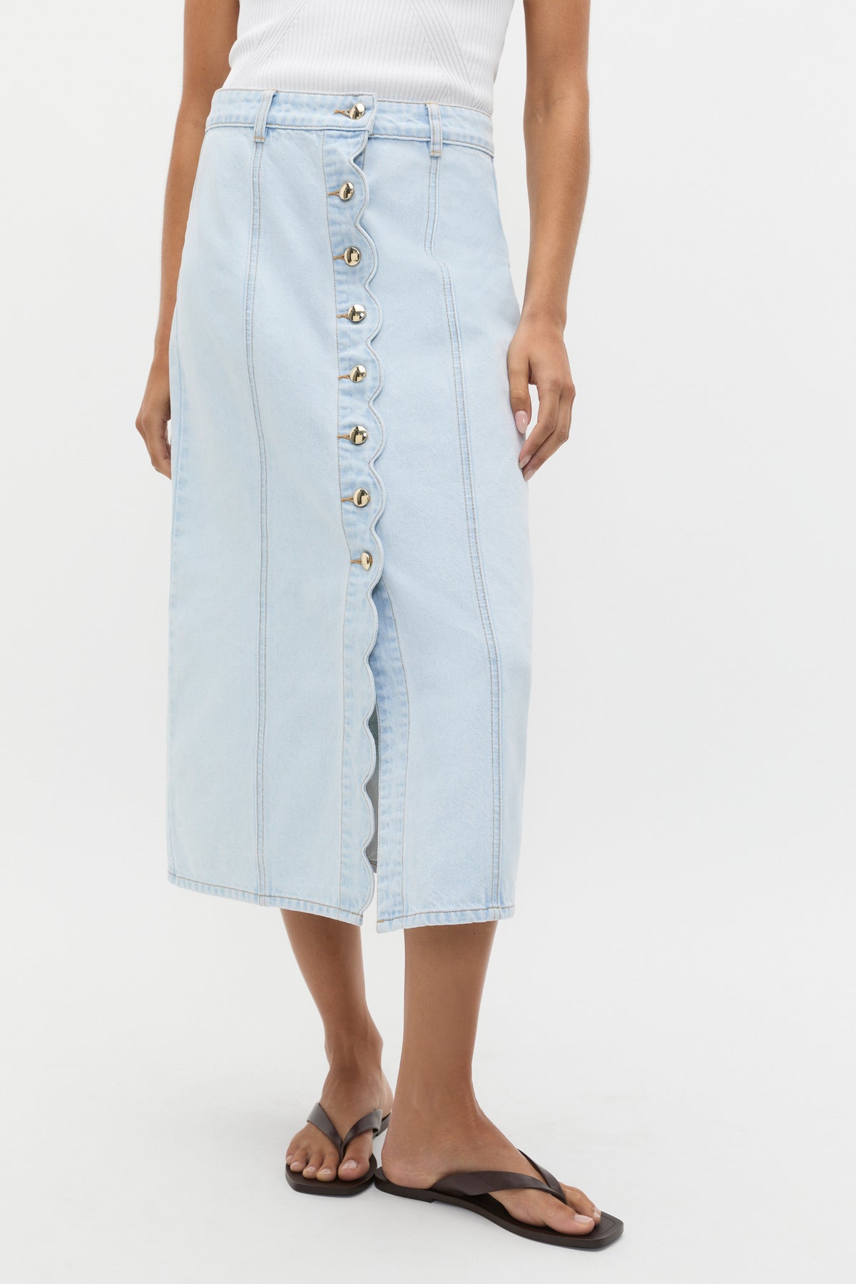 Denim Scallop Midi Skirt