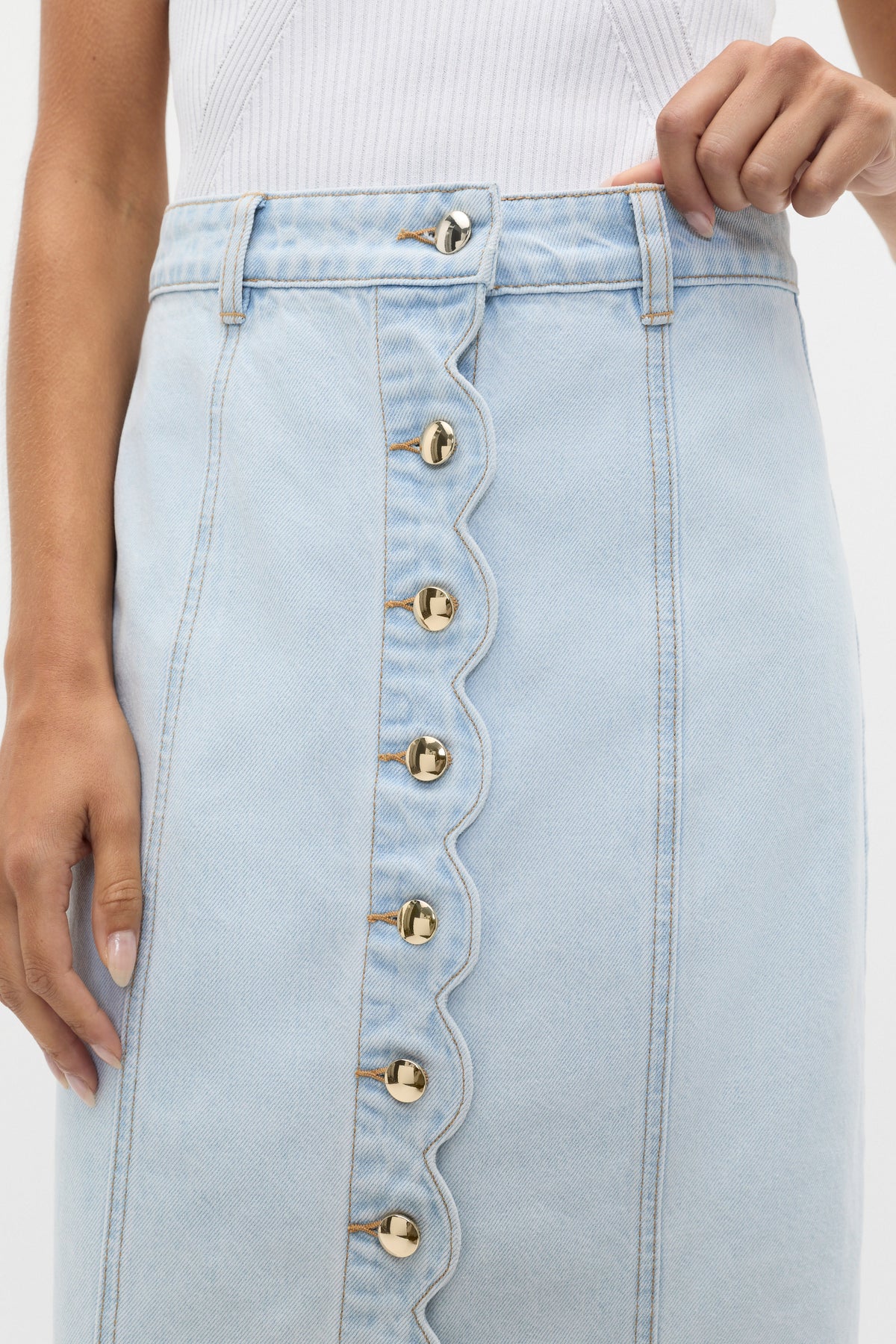 Denim Scallop Midi Skirt
