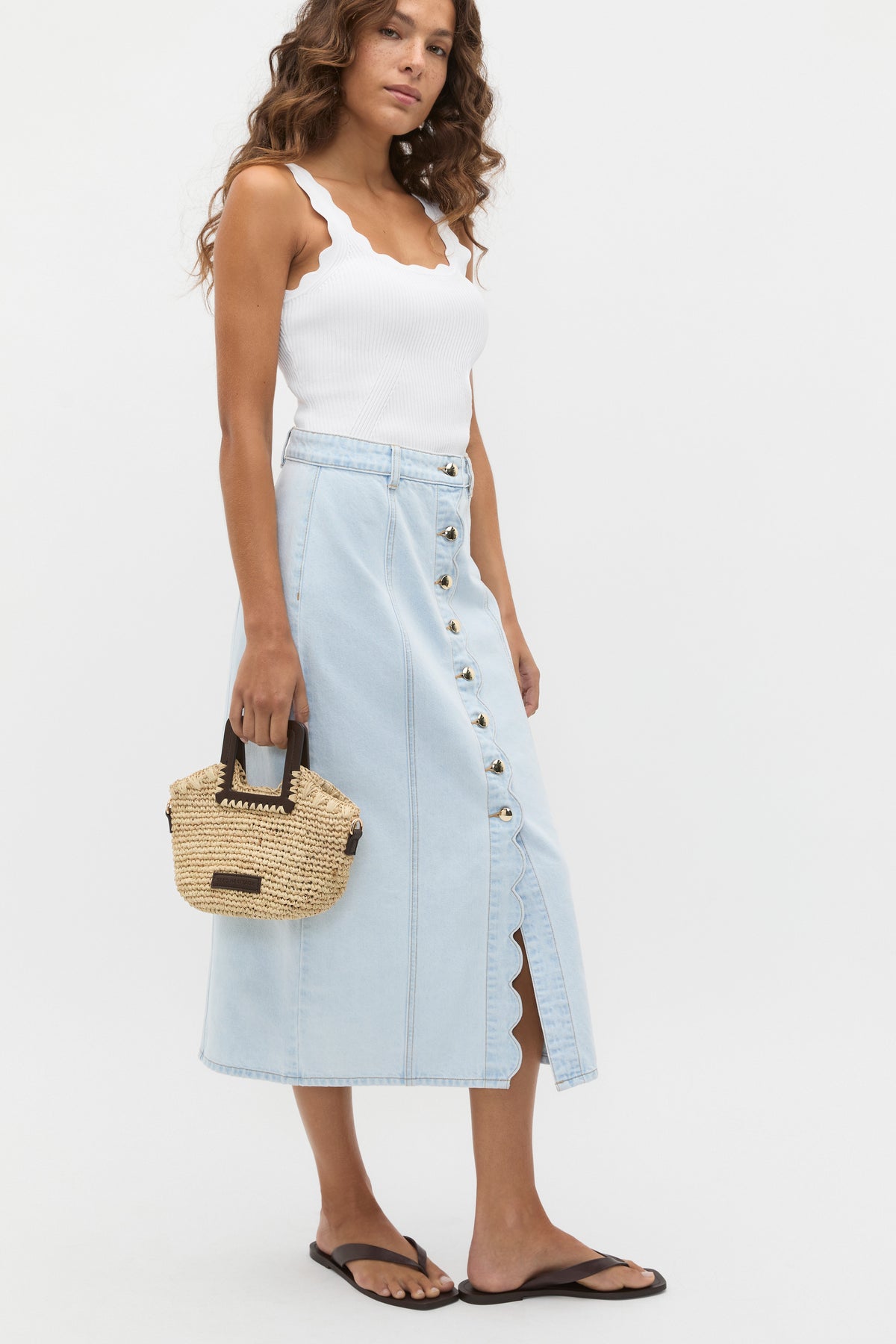 Denim Scallop Midi Skirt