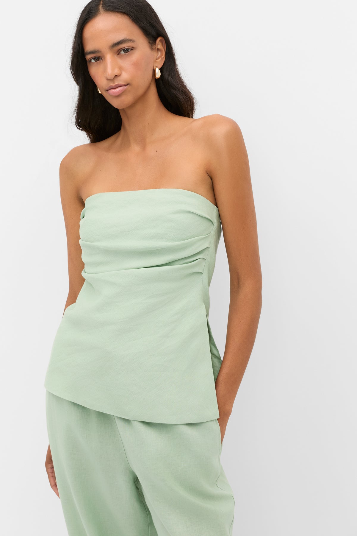 Linen Strapless Tuck Detail Top
