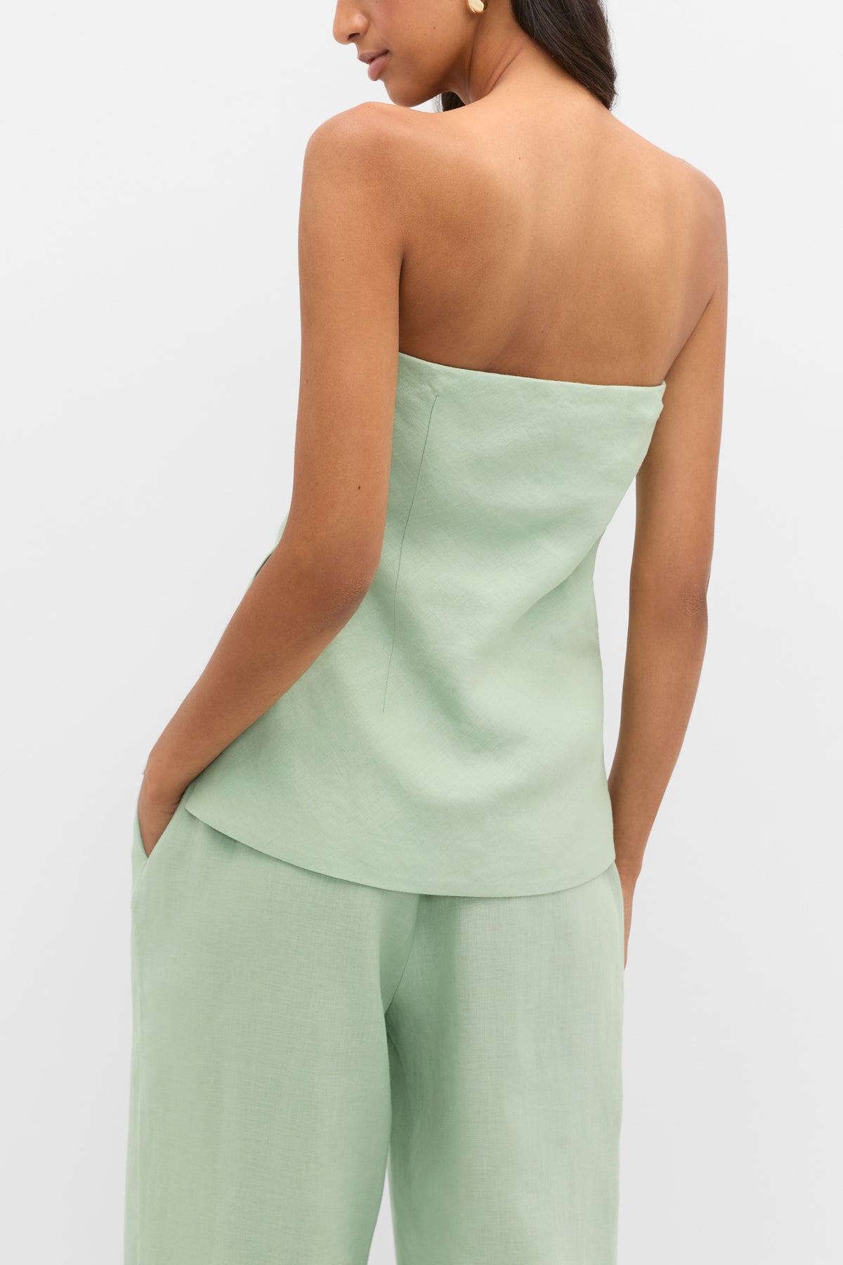 Linen Strapless Tuck Detail Top