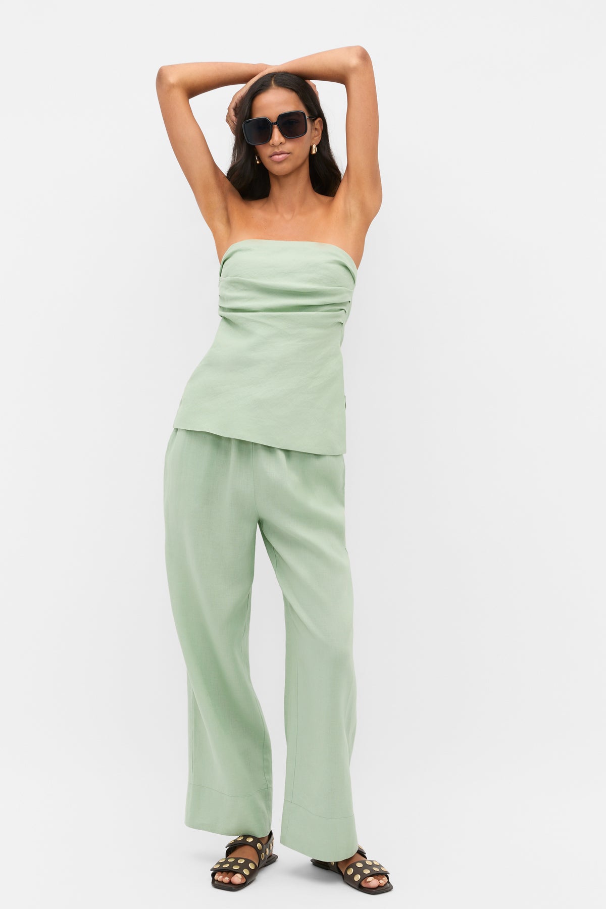 Linen Strapless Tuck Detail Top