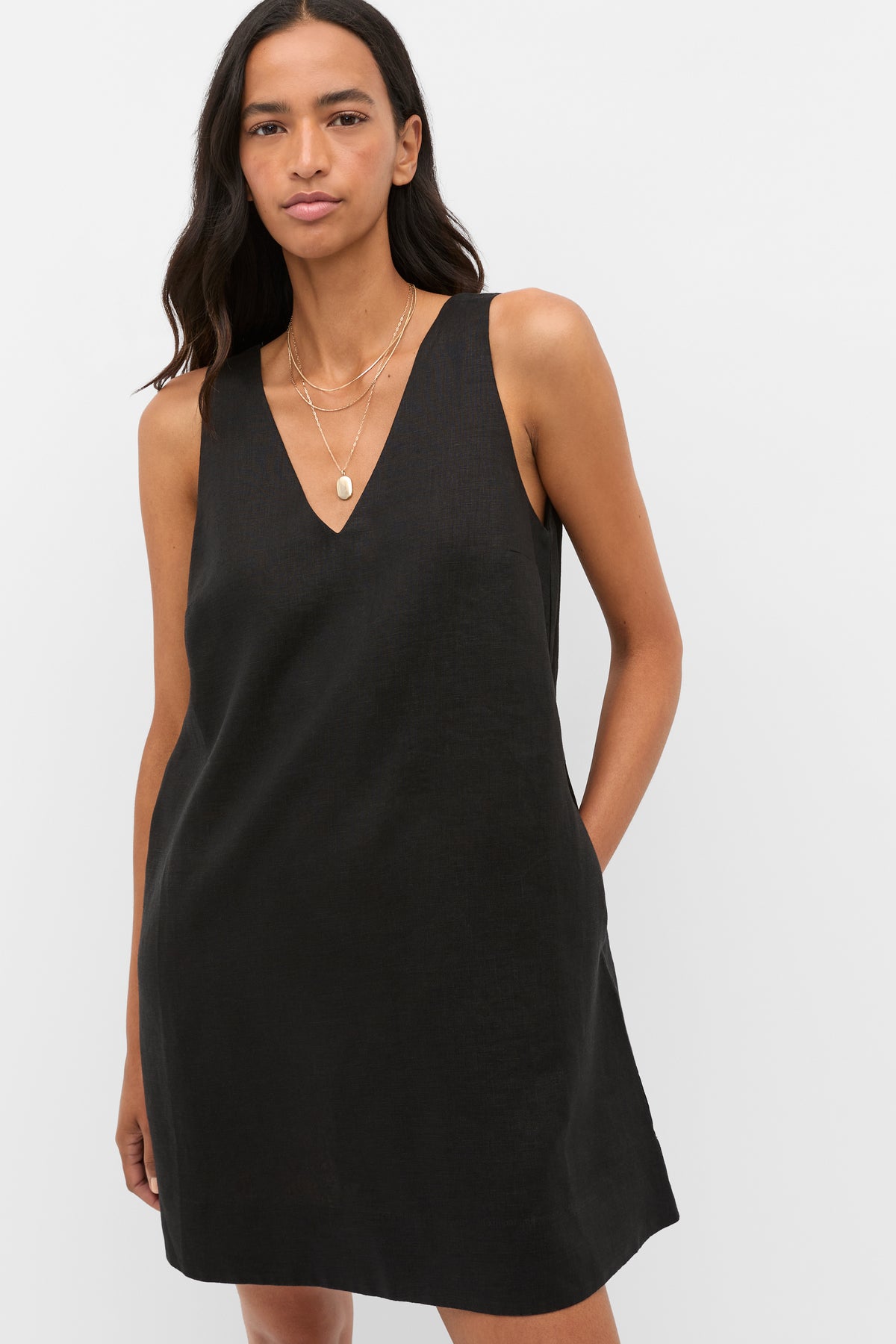 Linen V Neck Mini Dress