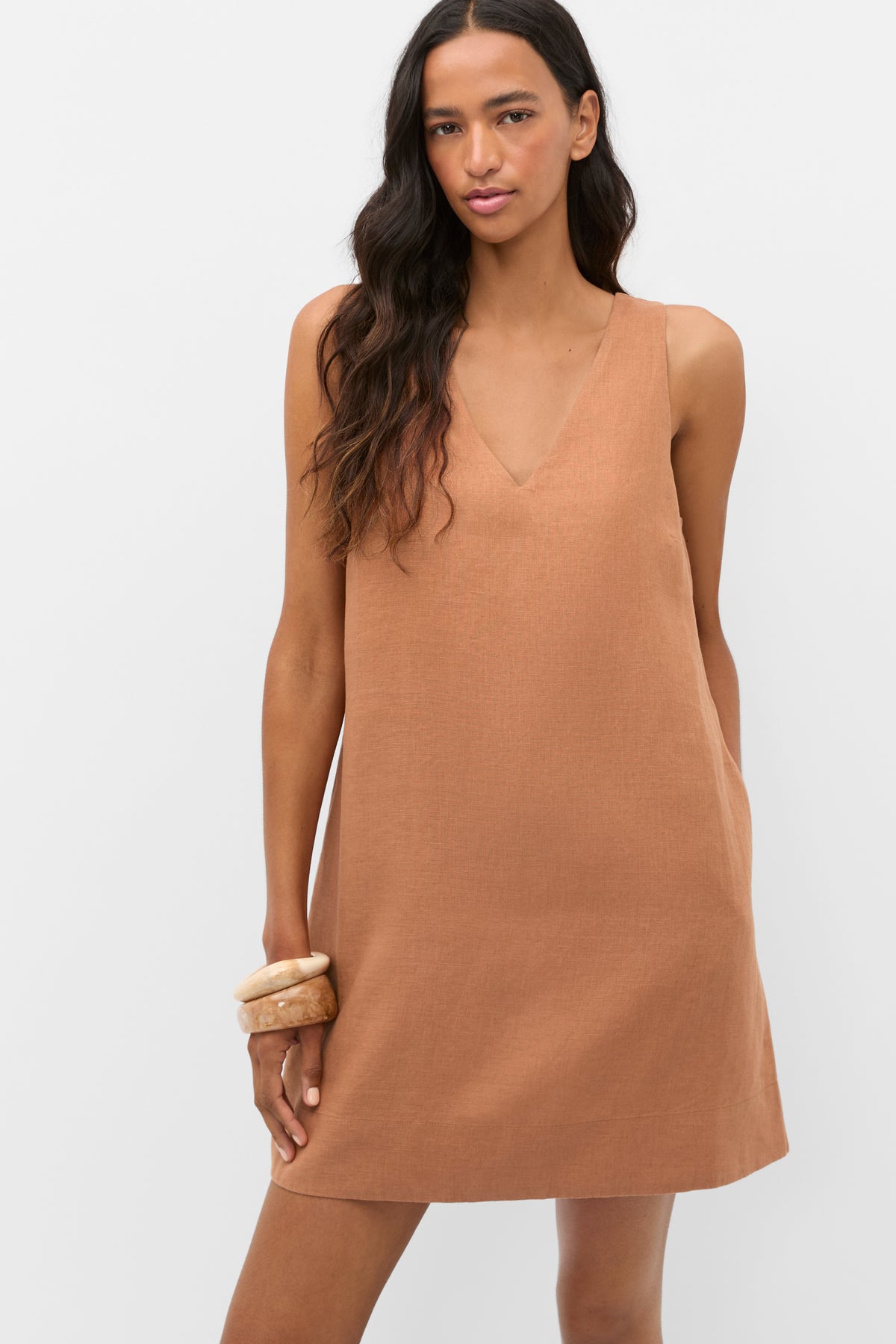 Linen V Neck Mini Dress