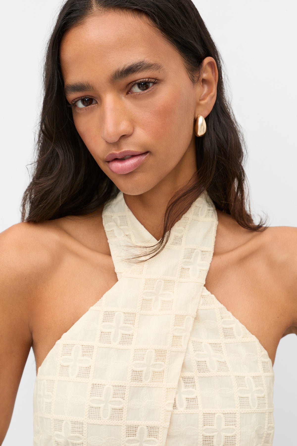 Tile Embroidery Halter Mini Dress