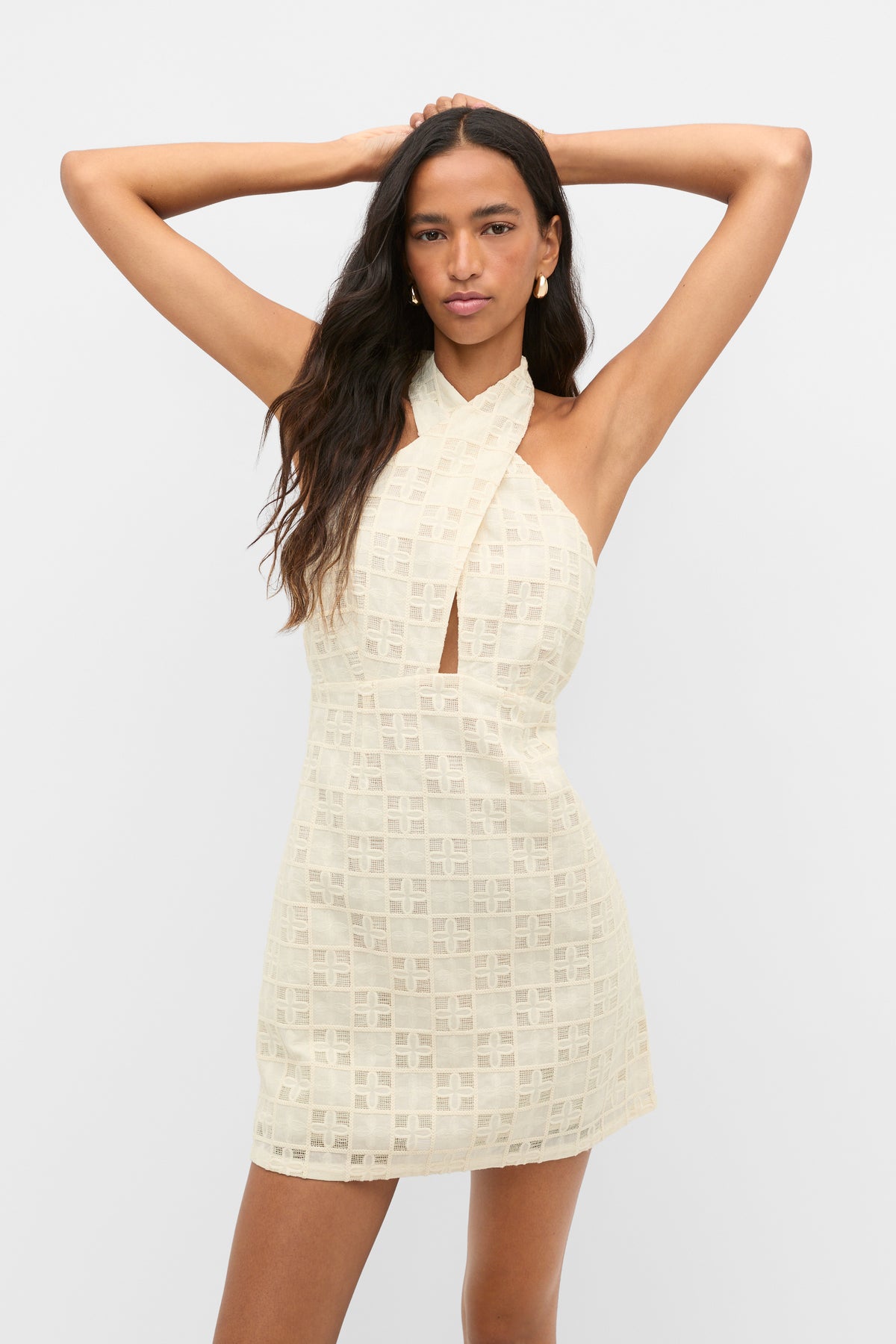 Tile Embroidery Halter Mini Dress