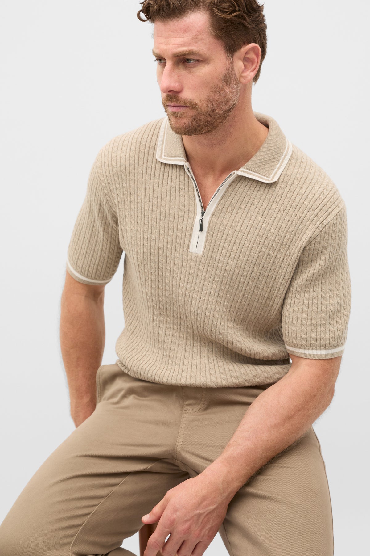 Zipped Cable Knit Polo