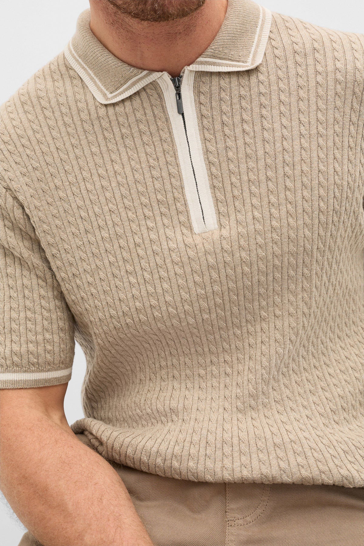 Zipped Cable Knit Polo