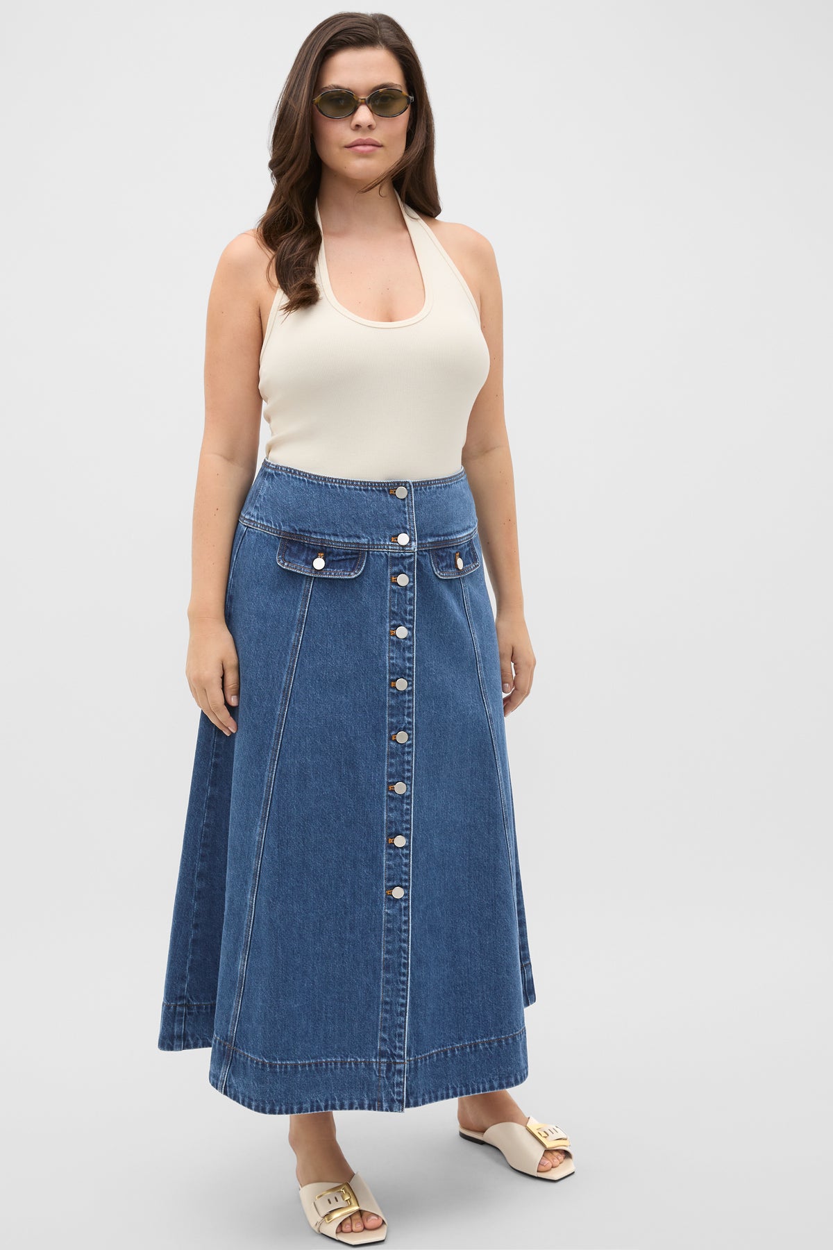 Denim Button Through Swing Skirt