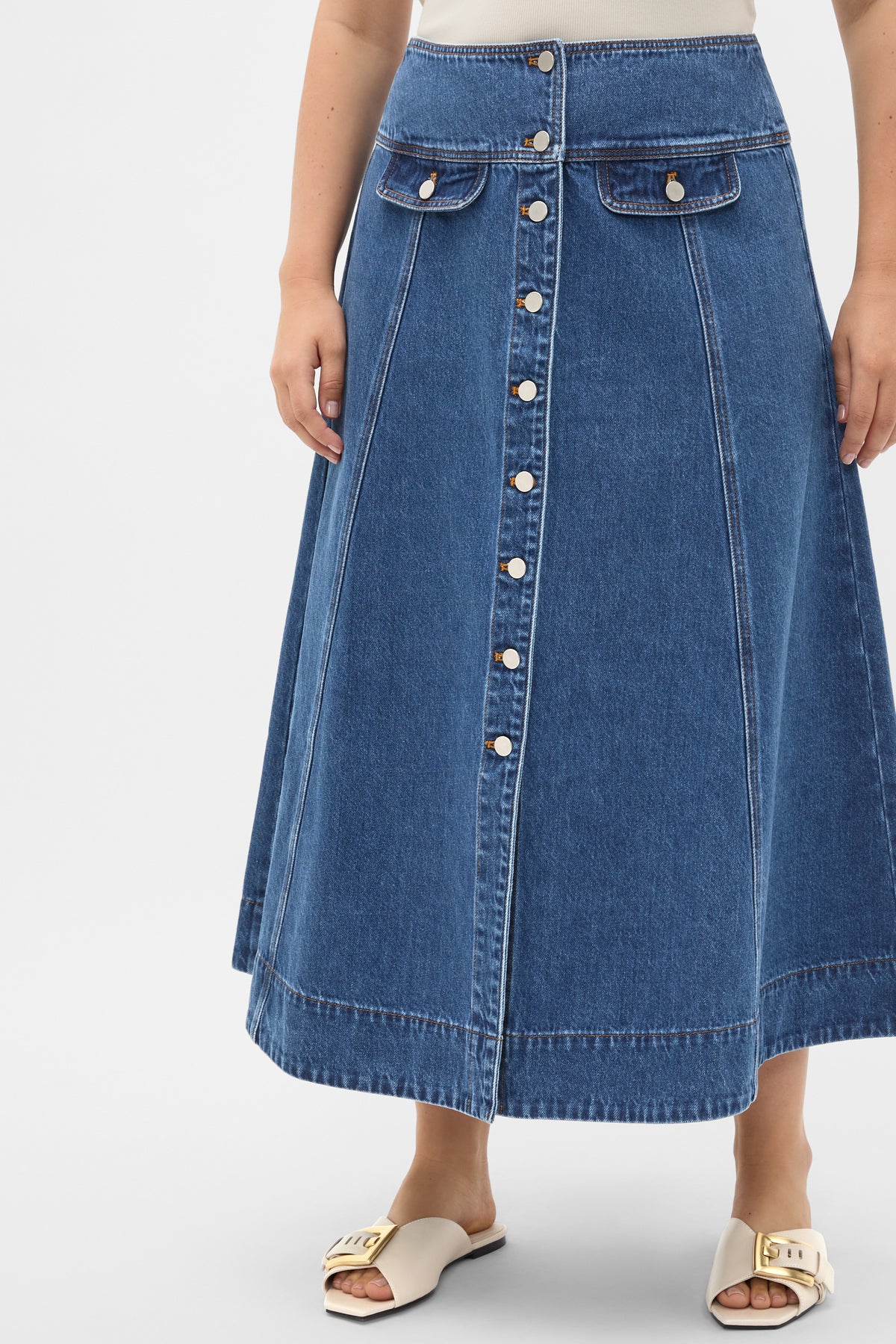 Denim Button Through Swing Skirt
