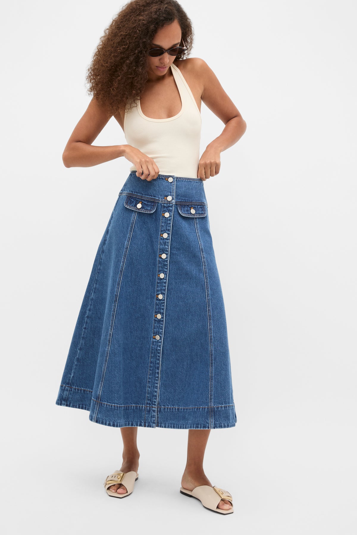 Denim Button Through Swing Skirt