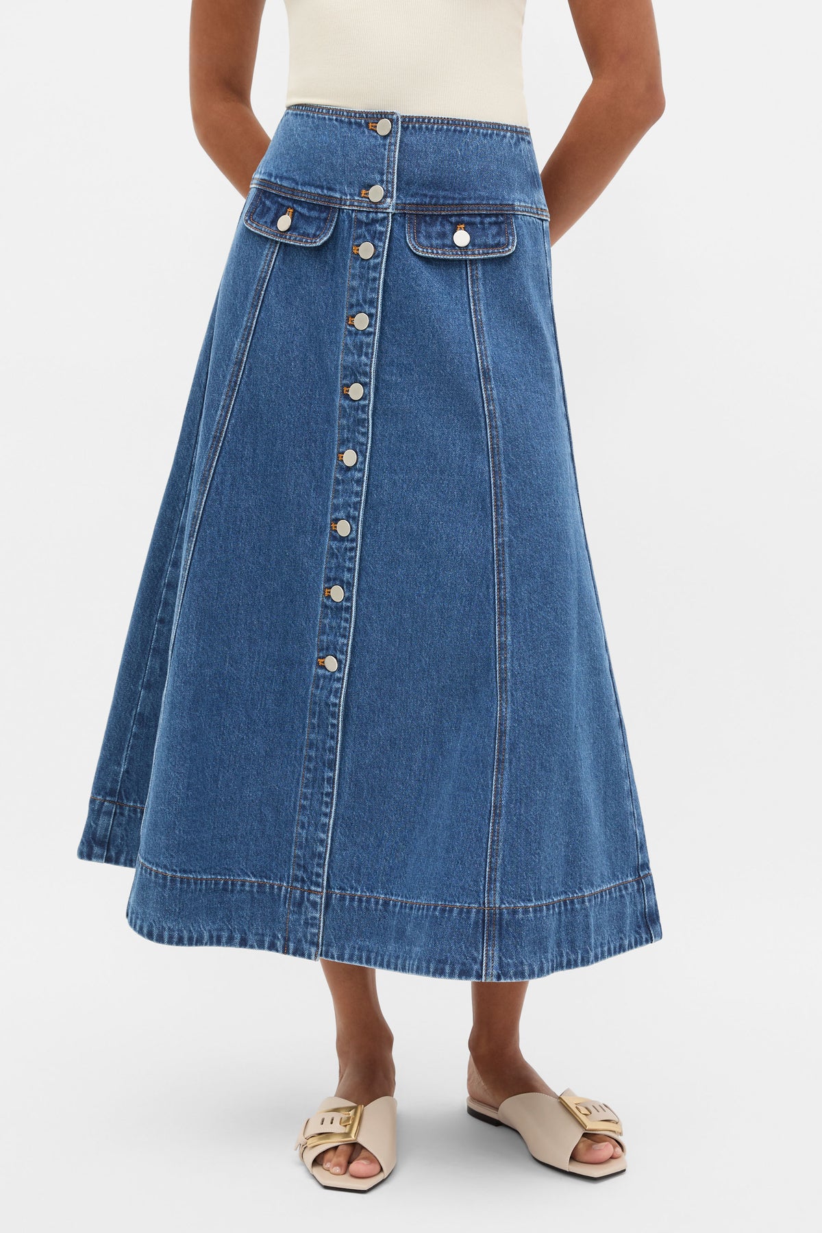 Denim Button Through Swing Skirt