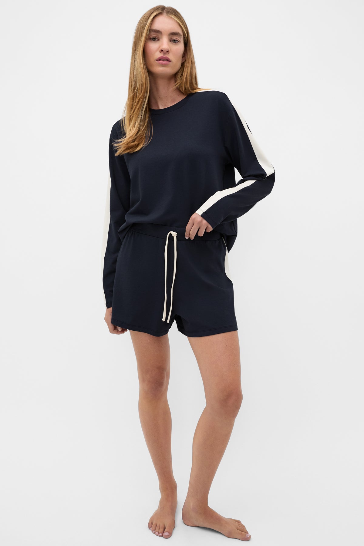 Contrast Long Sleeve Top and Short PJ Set