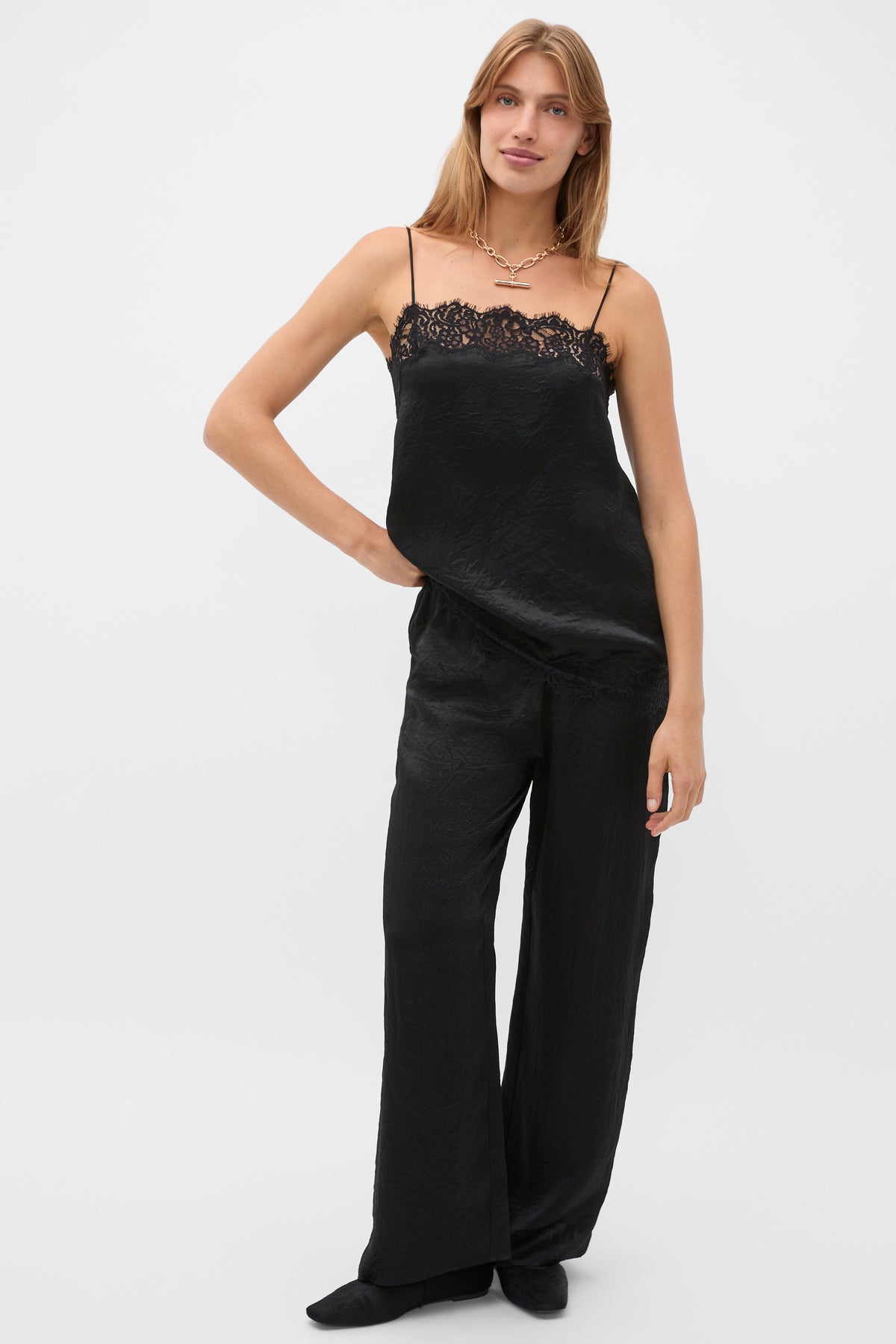 Crinkled Satin Lace Square Neck Cami