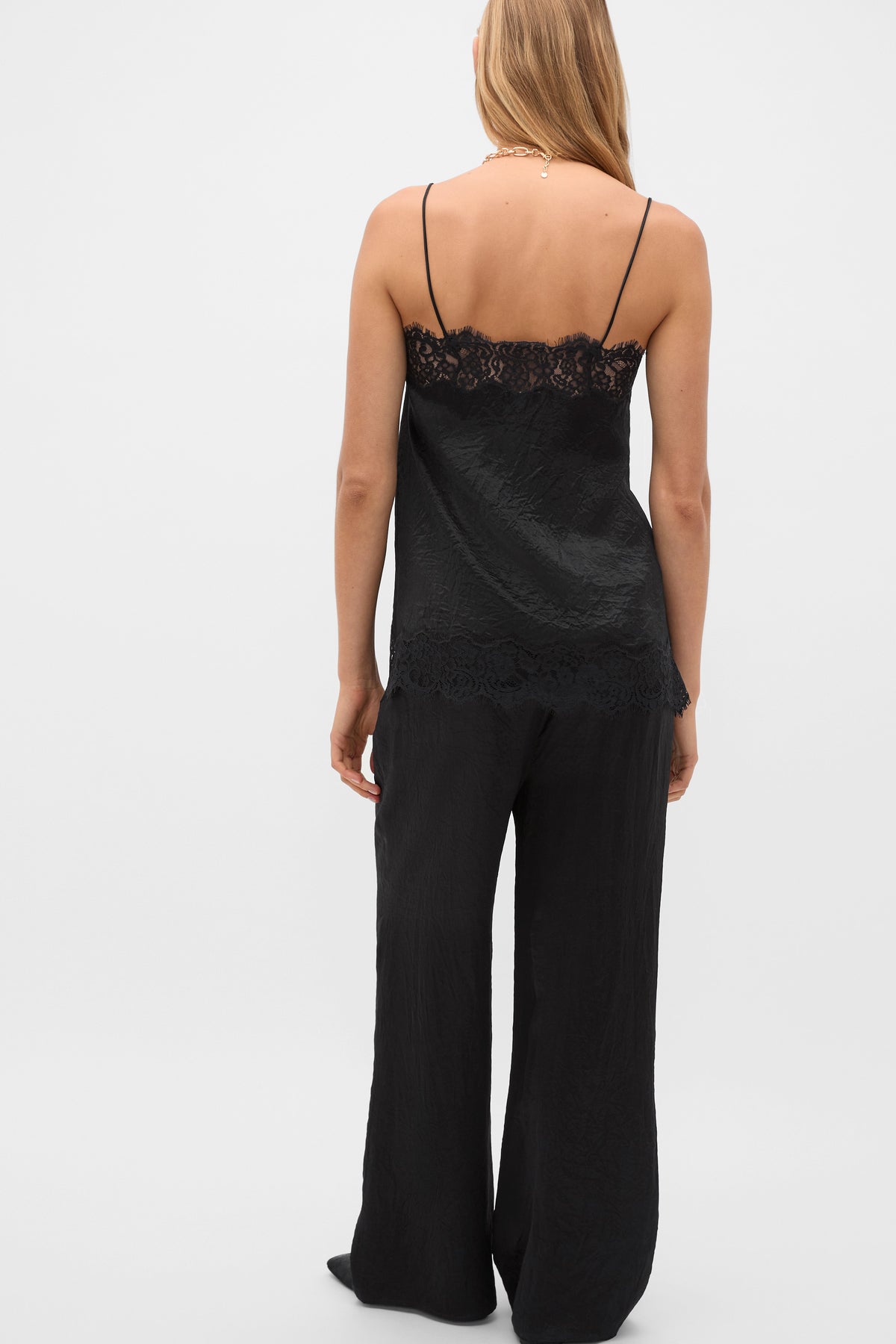Crinkled Satin Lace Square Neck Cami
